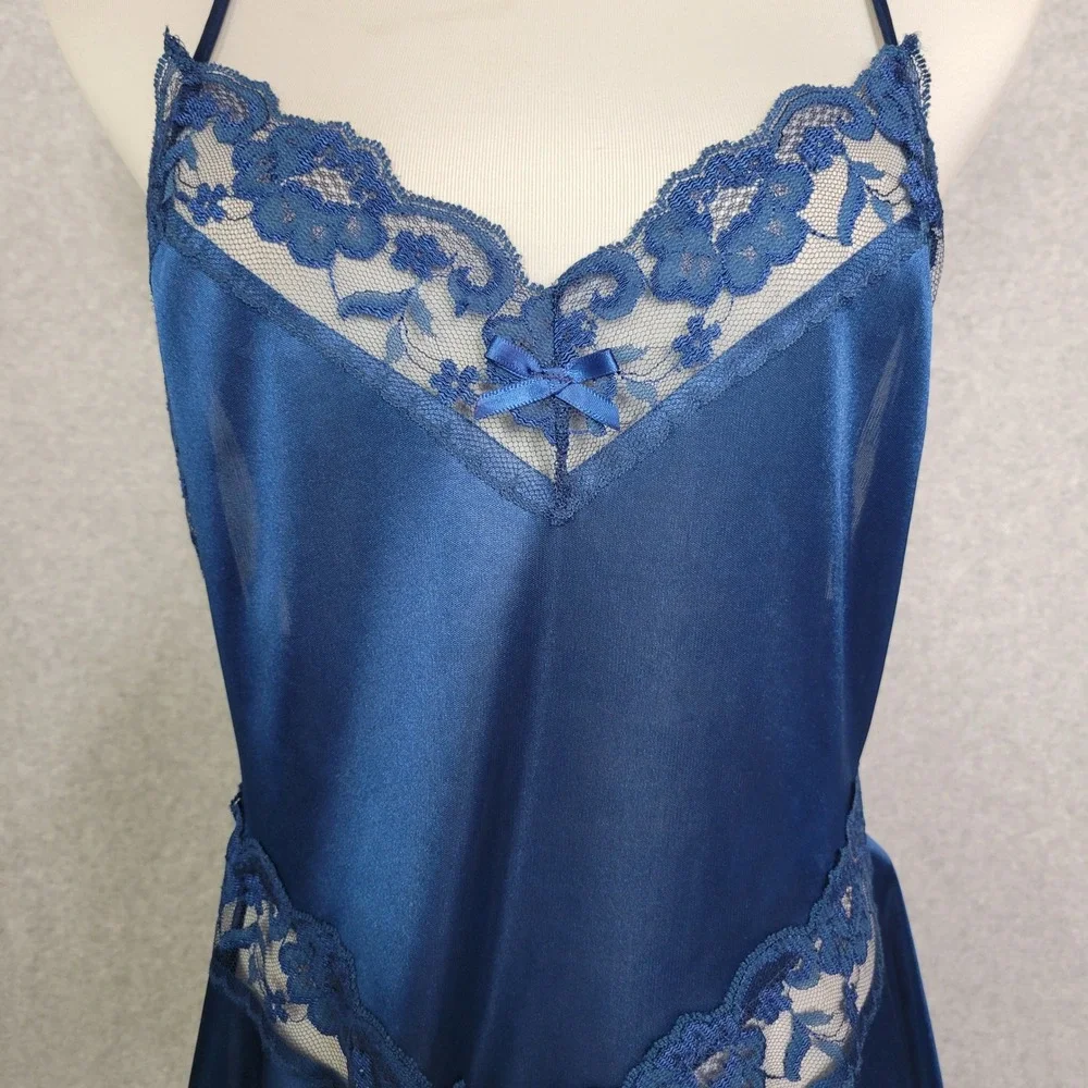 Petra Fashion Royal Blue Satin Lace Teddy Romper Open Back Large Made in USA